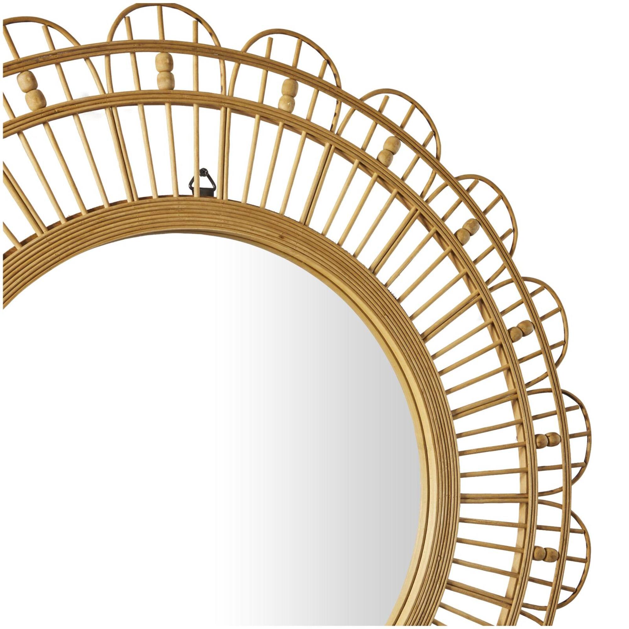 35" Brown Handmade Bamboo Woven Wall Mirror with Beaded Accents